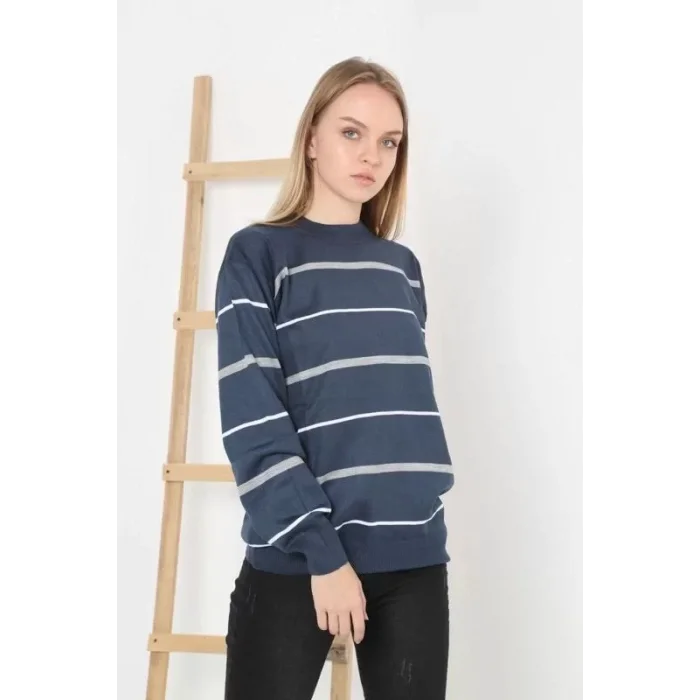 Arnay Unisex İnce Çizgili Bisiklet Yaka Triko Kazak - Lacivert