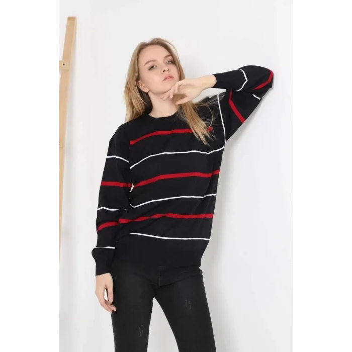 Arnay Unisex İnce Çizgili Bisiklet Yaka Triko Kazak - Siyah