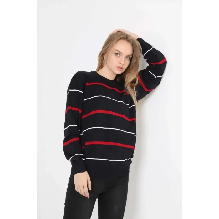 Arnay Unisex İnce Çizgili Bisiklet Yaka Triko Kazak - Siyah