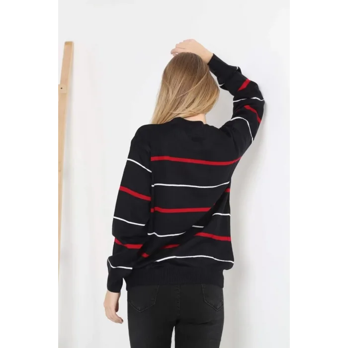 Arnay Unisex İnce Çizgili Bisiklet Yaka Triko Kazak - Siyah