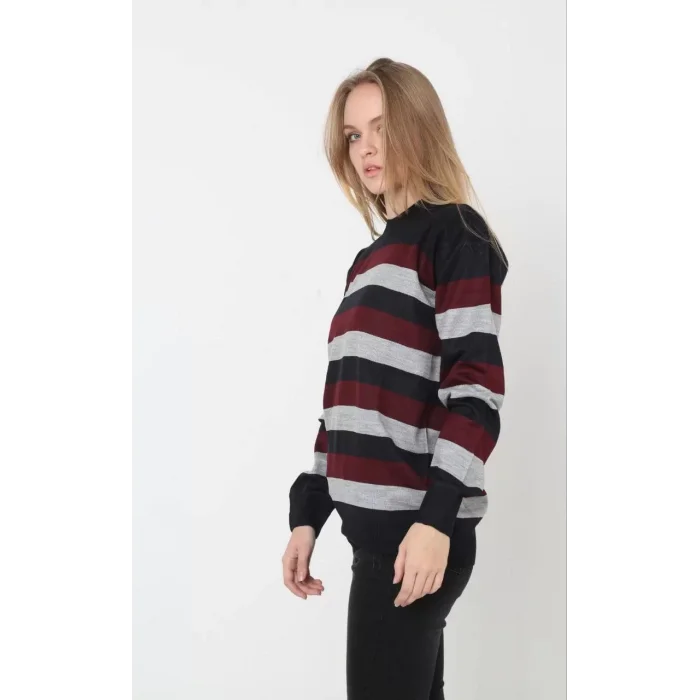 Arnay Unisex Kalın Çizgili Bisiklet Yaka Triko Kazak - Bordo