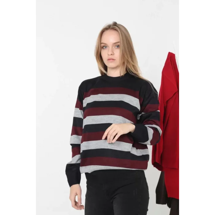 Arnay Unisex Kalın Çizgili Bisiklet Yaka Triko Kazak - Bordo