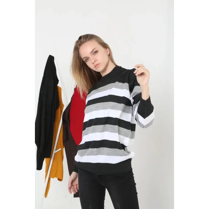 Arnay Unisex Kalın Çizgili Bisiklet Yaka Triko Kazak - Gri