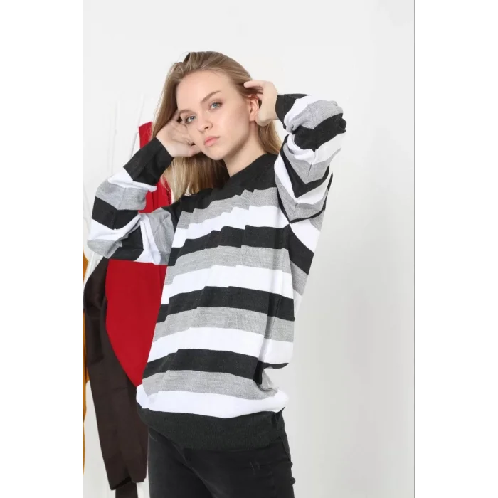 Arnay Unisex Kalın Çizgili Bisiklet Yaka Triko Kazak - Gri