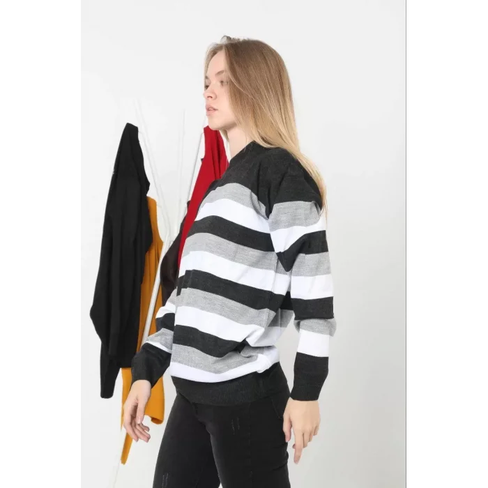 Arnay Unisex Kalın Çizgili Bisiklet Yaka Triko Kazak - Gri