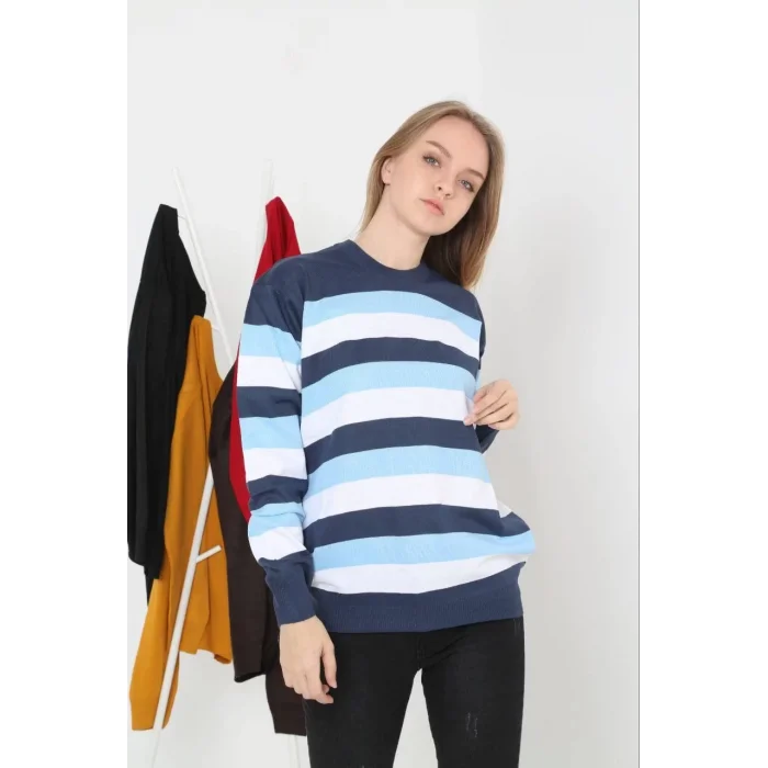 Arnay Unisex Kalın Çizgili Bisiklet Yaka Triko Kazak - Mavi