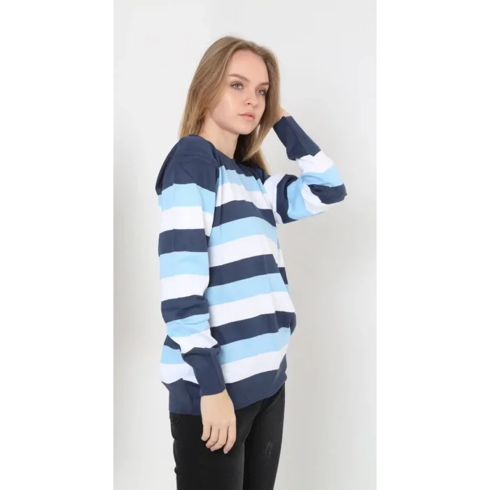 Arnay Unisex Kalın Çizgili Bisiklet Yaka Triko Kazak - Mavi