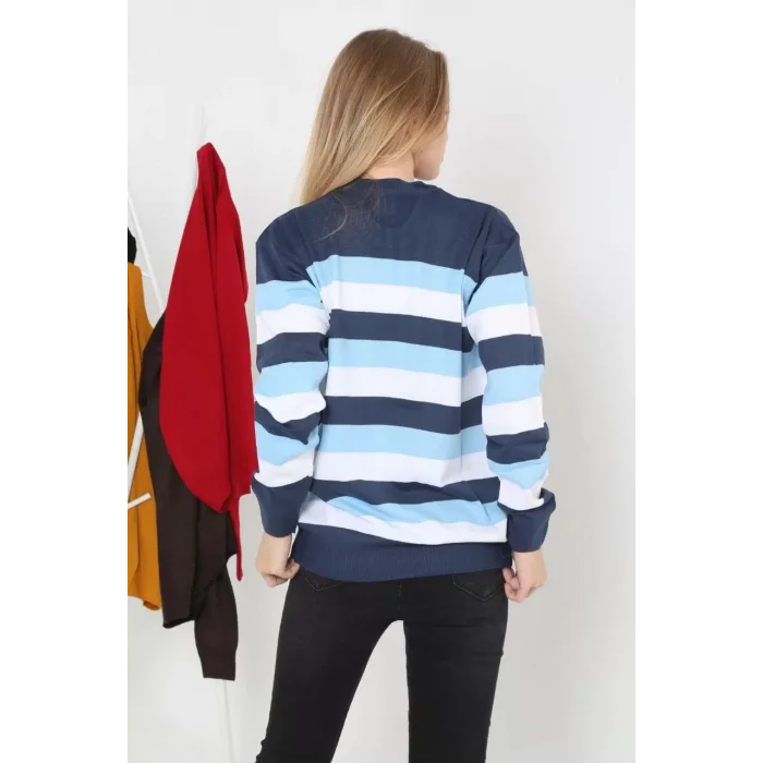 Arnay Unisex Kalın Çizgili Bisiklet Yaka Triko Kazak - Mavi