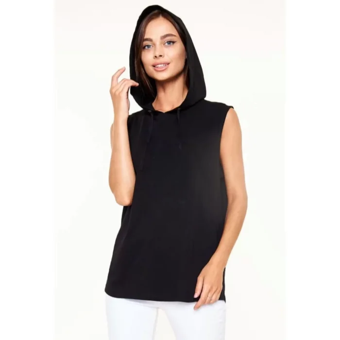 Arnay Unisex Kapşonlu Kolsuz Düz Oversize T-shirt - Siyah