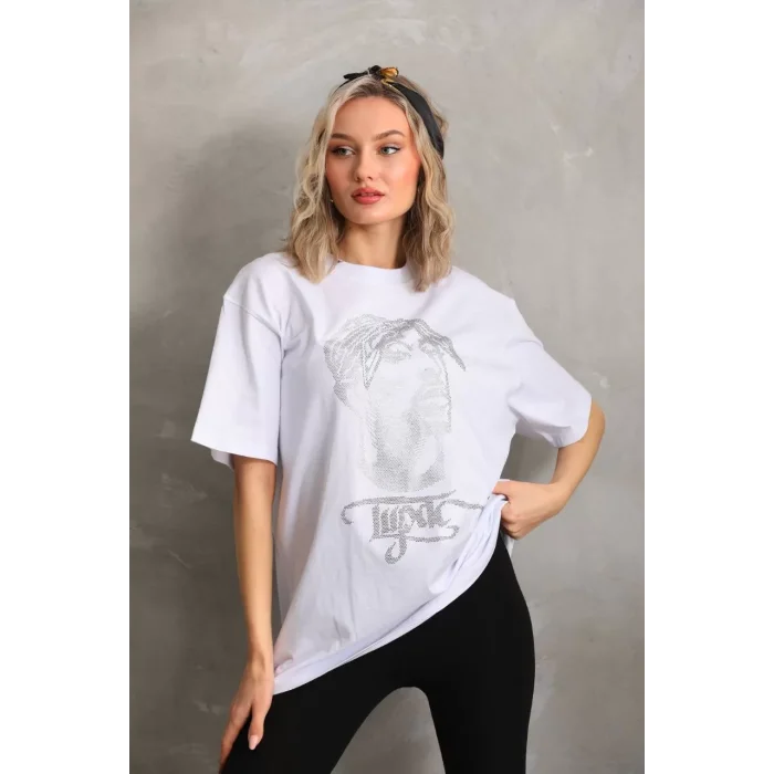 Arnay Unisex Taş Desenli Oversize T-shirt - Beyaz