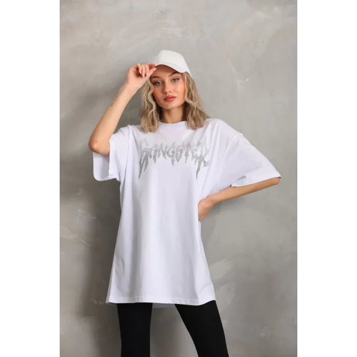 Arnay Unisex Taş Desenli Oversize T-shirt - Beyaz