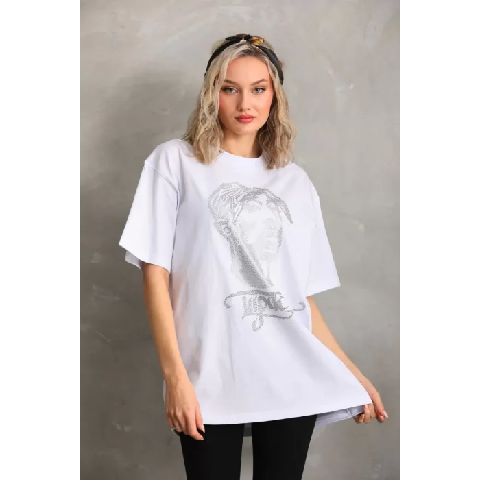 Arnay Unisex Taş Desenli Oversize T-shirt - Beyaz
