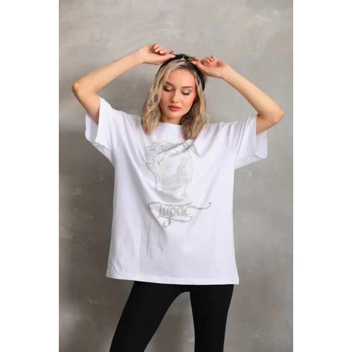 Arnay Unisex Taş Desenli Oversize T-shirt - Beyaz