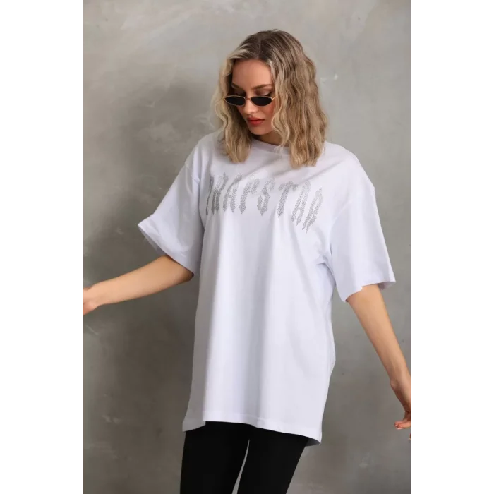Arnay Unisex Taş Desenli Oversize T-shirt - Beyaz