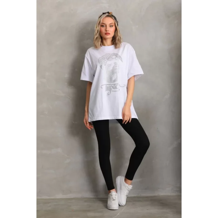 Arnay Unisex Taş Desenli Oversize T-shirt - Beyaz
