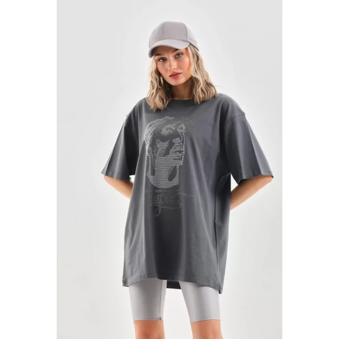 Arnay Unisex Taş Desenli Oversize T-shirt - Füme
