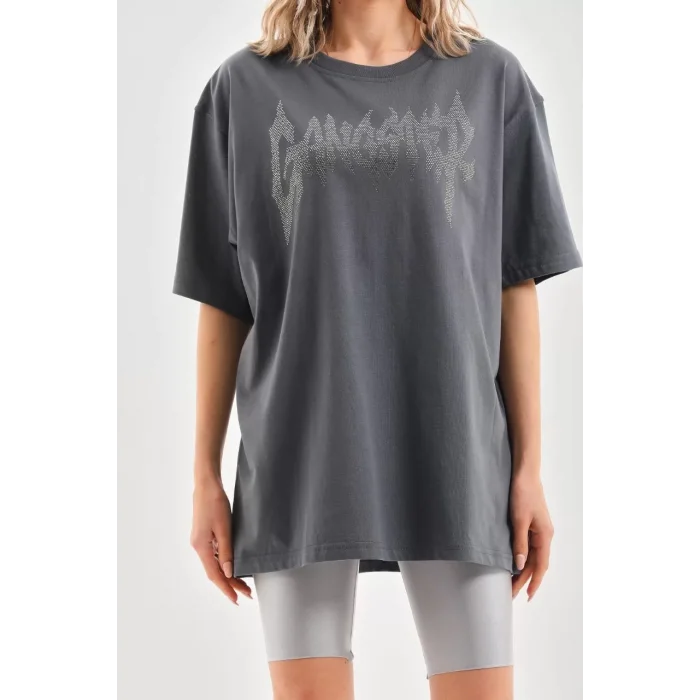 Arnay Unisex Taş Desenli Oversize T-shirt - Füme