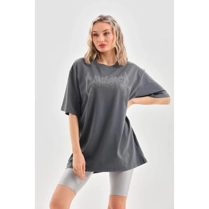 Arnay Unisex Taş Desenli Oversize T-shirt - Füme