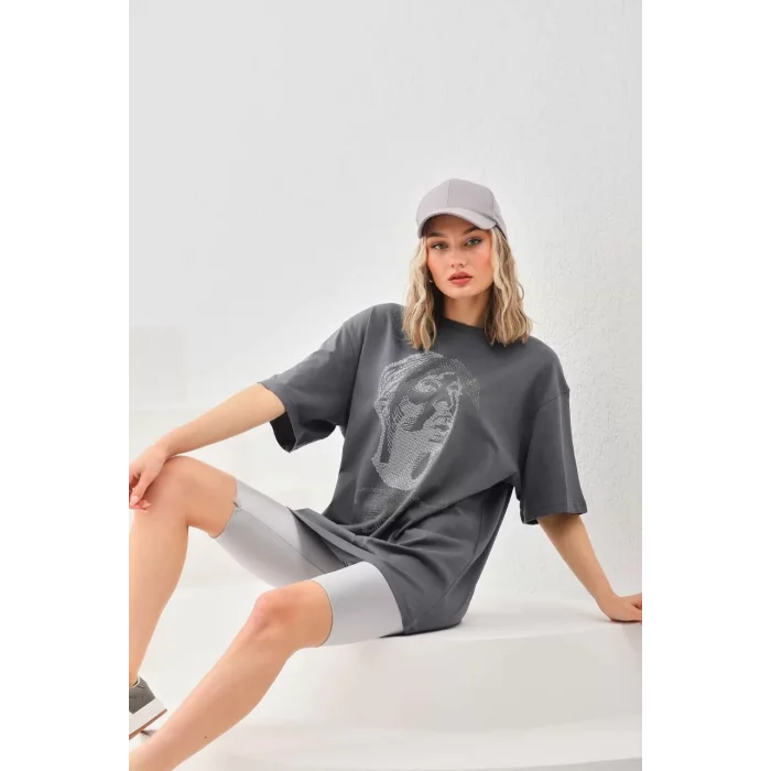 Arnay Unisex Taş Desenli Oversize T-shirt - Füme