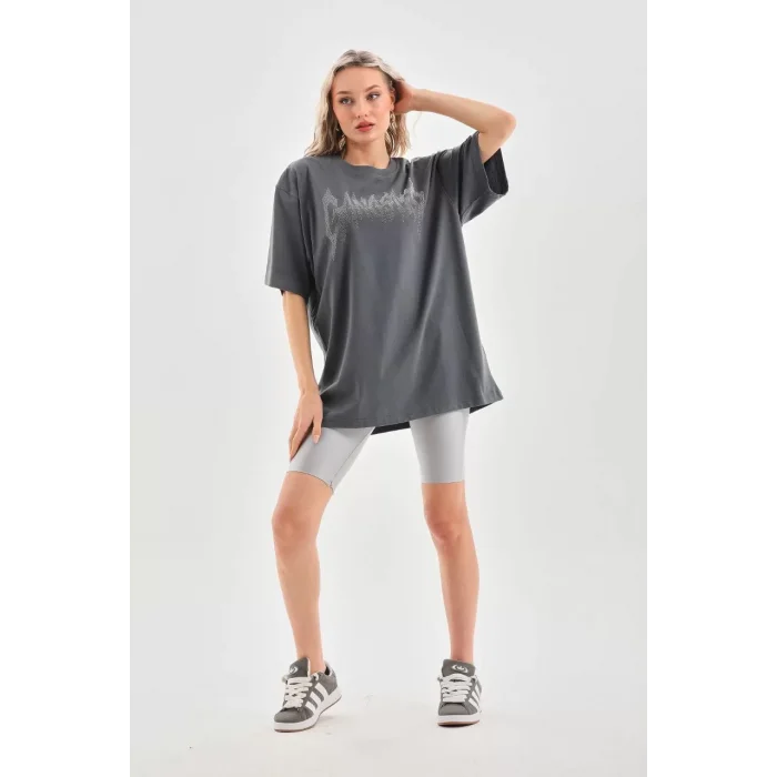 Arnay Unisex Taş Desenli Oversize T-shirt - Füme