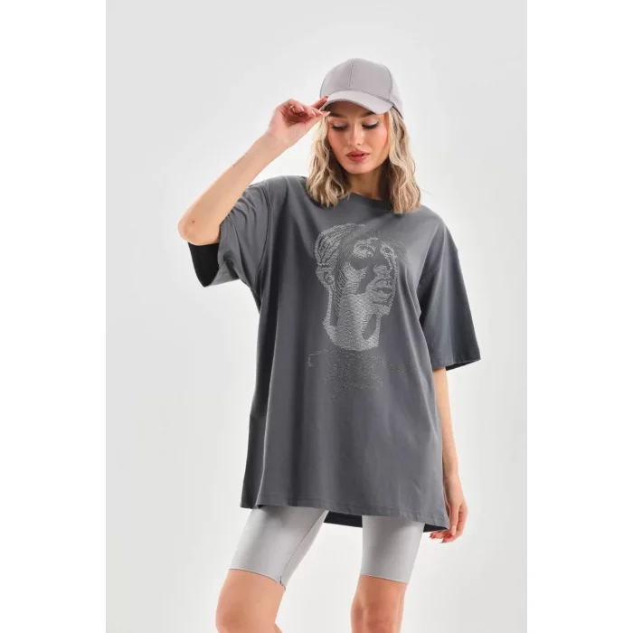 Arnay Unisex Taş Desenli Oversize T-shirt - Füme