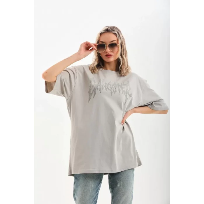 Arnay Unisex Taş Desenli Oversize T-shirt - Gri