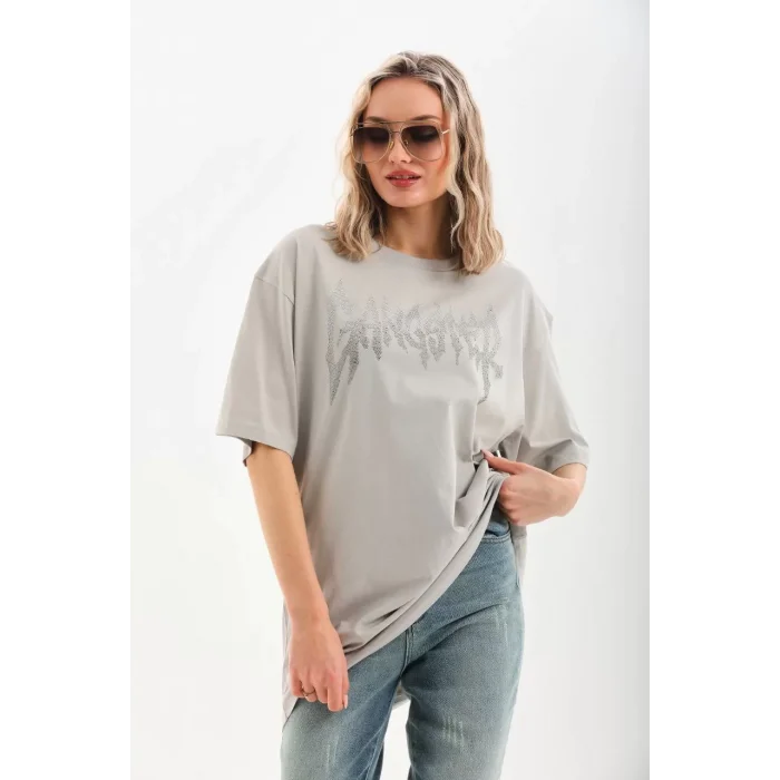 Arnay Unisex Taş Desenli Oversize T-shirt - Gri
