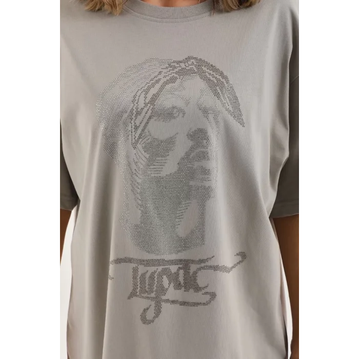 Arnay Unisex Taş Desenli Oversize T-shirt - Gri