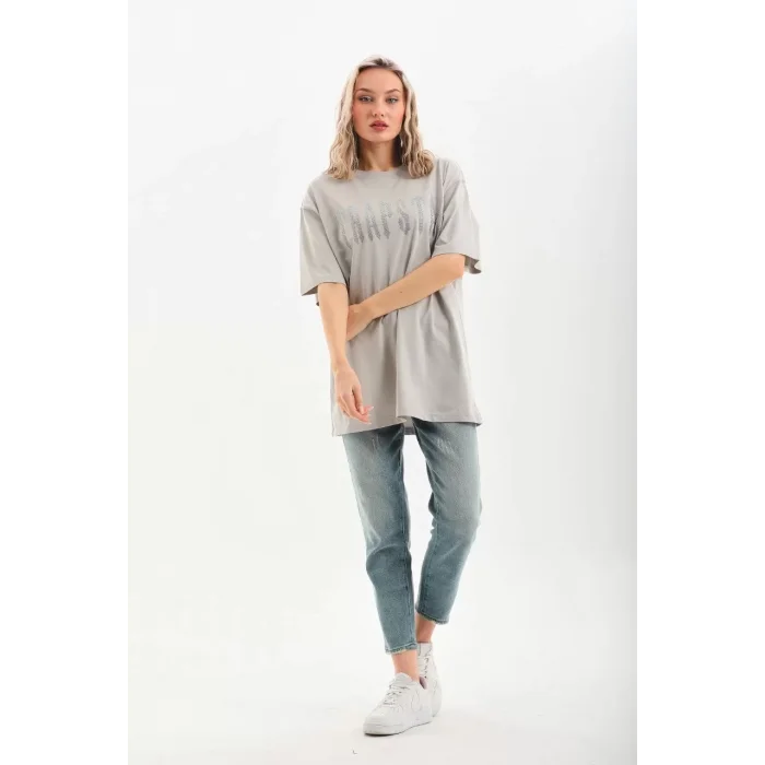 Arnay Unisex Taş Desenli Oversize T-shirt - Gri