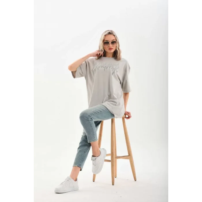 Arnay Unisex Taş Desenli Oversize T-shirt - Gri