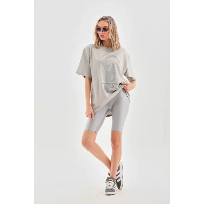 Arnay Unisex Taş Desenli Oversize T-shirt - Gri