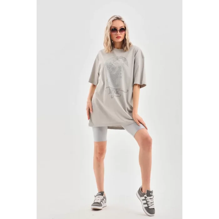 Arnay Unisex Taş Desenli Oversize T-shirt - Gri
