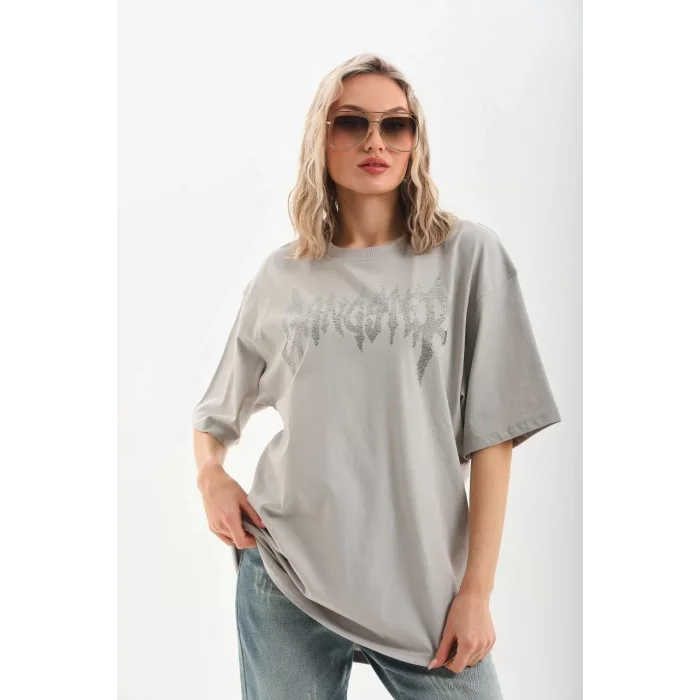 Arnay Unisex Taş Desenli Oversize T-shirt - Gri