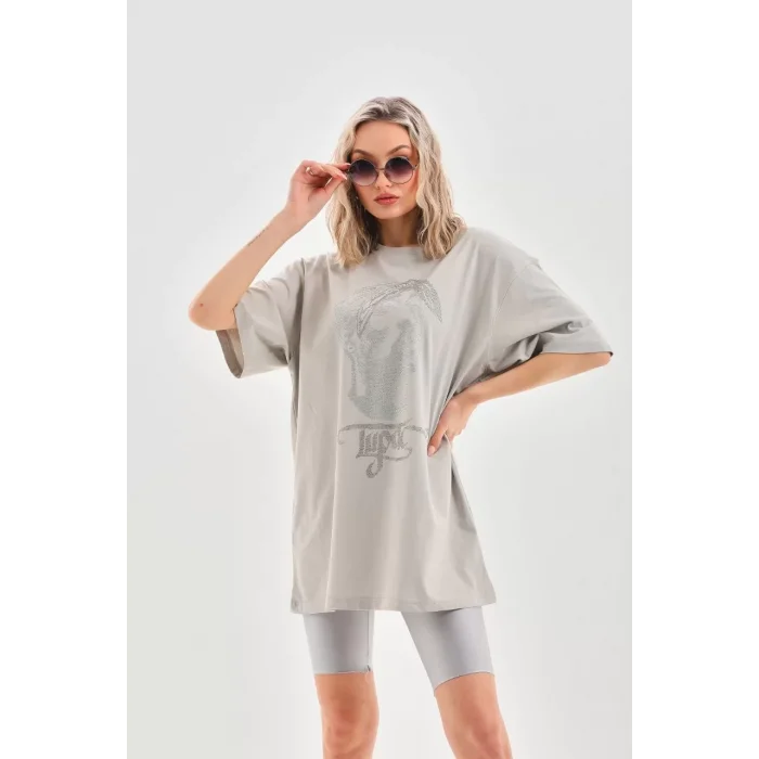 Arnay Unisex Taş Desenli Oversize T-shirt - Gri