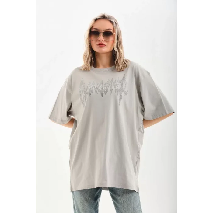 Arnay Unisex Taş Desenli Oversize T-shirt - Gri