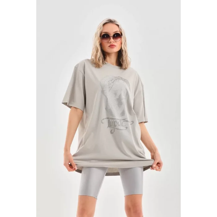 Arnay Unisex Taş Desenli Oversize T-shirt - Gri