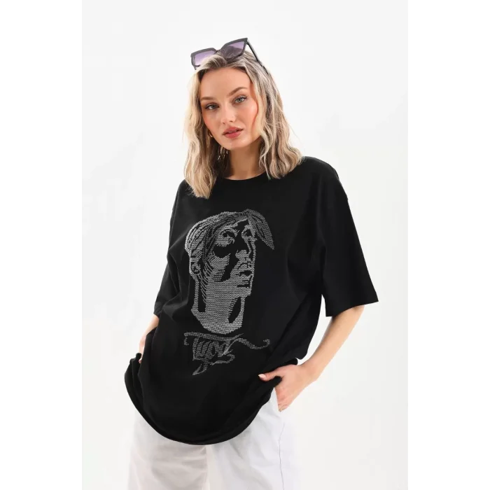 Arnay Unisex Taş Desenli Oversize T-shirt - Siyah