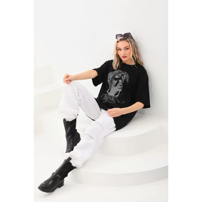 Arnay Unisex Taş Desenli Oversize T-shirt - Siyah