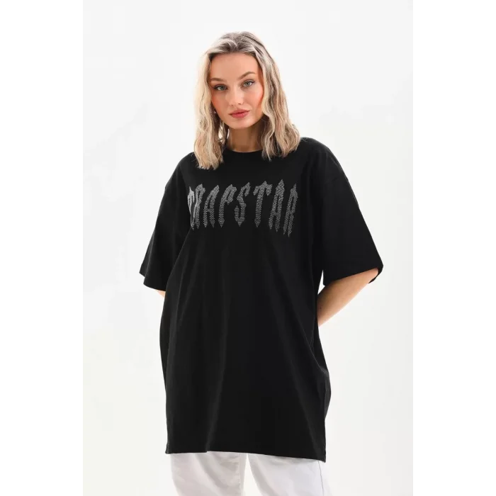 Arnay Unisex Taş Desenli Oversize T-shirt - Siyah