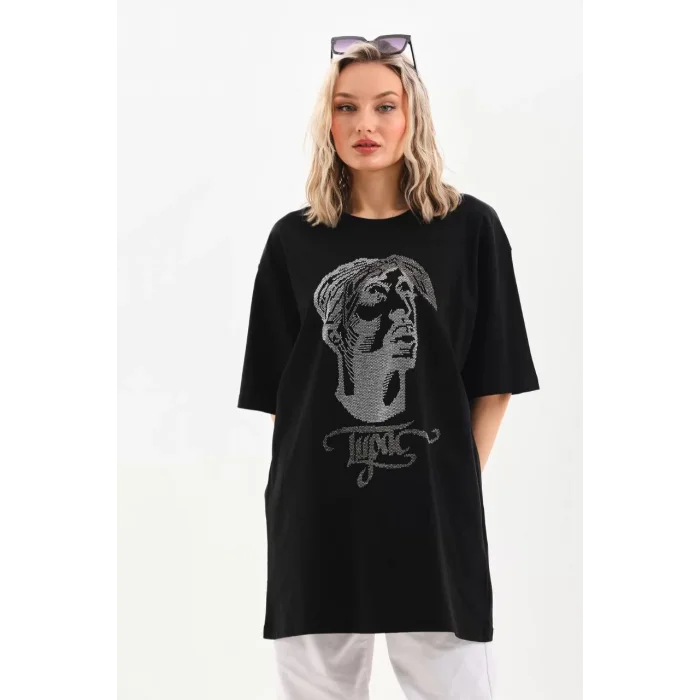Arnay Unisex Taş Desenli Oversize T-shirt - Siyah