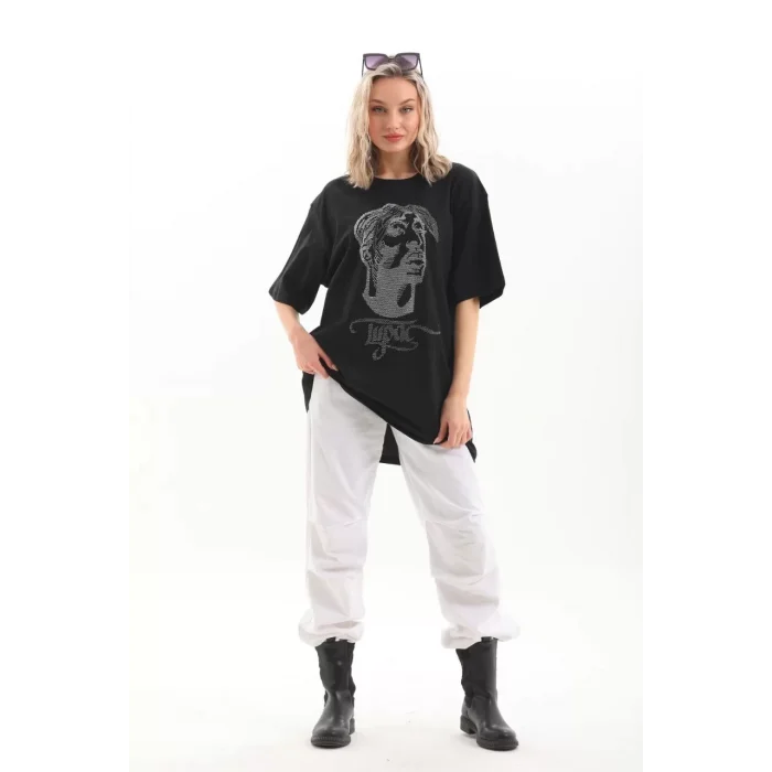 Arnay Unisex Taş Desenli Oversize T-shirt - Siyah
