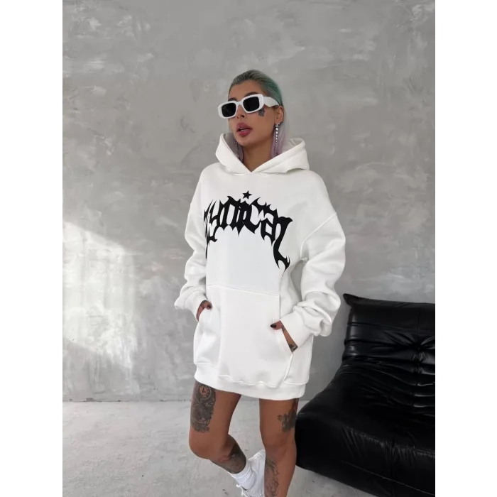 Arnay Unisex Üç İplik Kapüşonlu Baskılı Sweatshirt - Beyaz