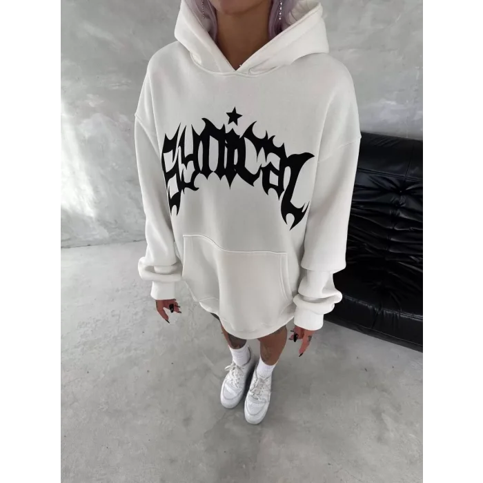 Arnay Unisex Üç İplik Kapüşonlu Baskılı Sweatshirt - Beyaz