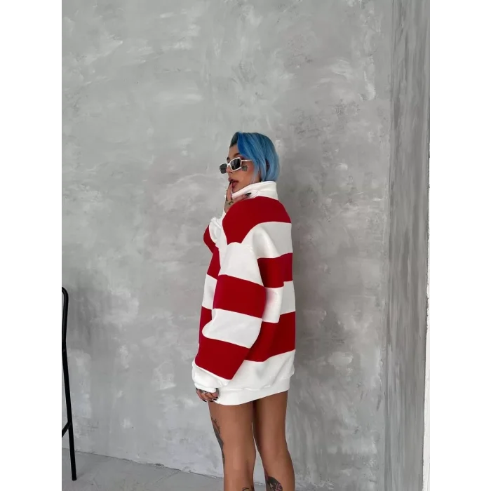 Arnay Unisex Üç İplik Parçalı Yakalı Sweatshirt - Kırmızı