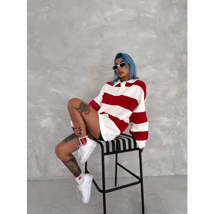 Arnay Unisex Üç İplik Parçalı Yakalı Sweatshirt - Kırmızı