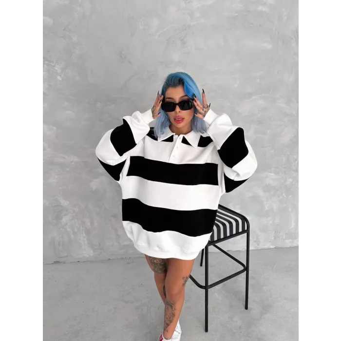 Arnay Unisex Üç İplik Parçalı Yakalı Sweatshirt - Siyah