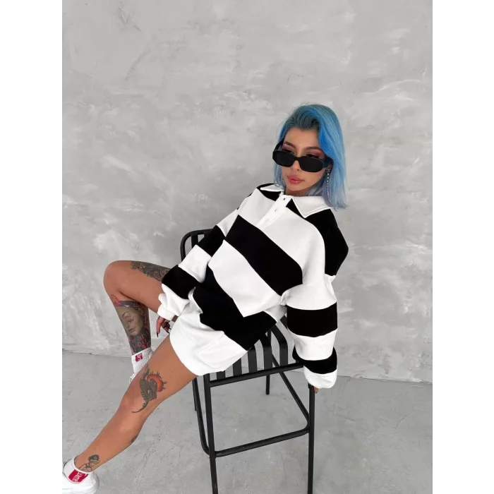 Arnay Unisex Üç İplik Parçalı Yakalı Sweatshirt - Siyah