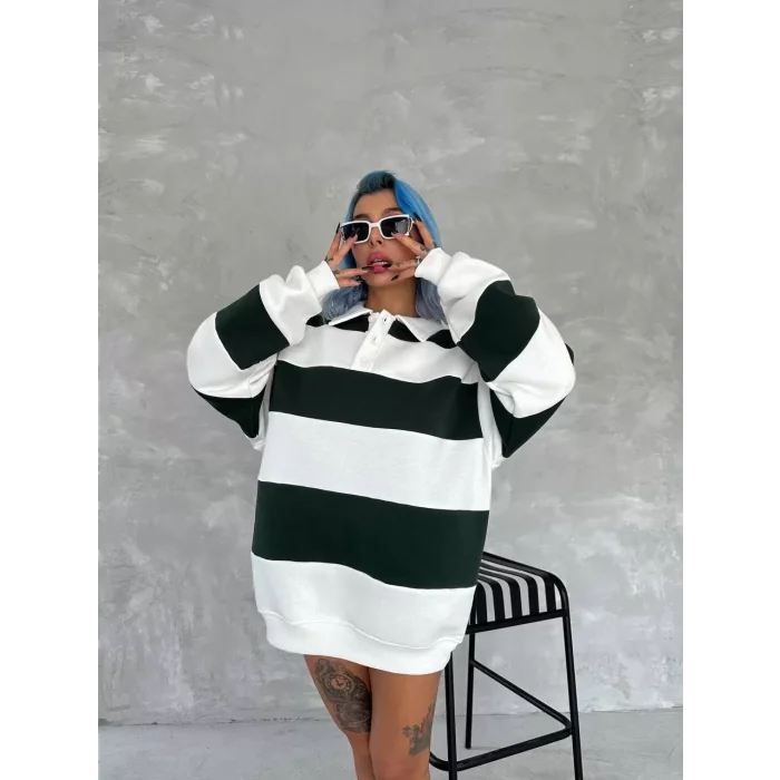 Arnay Unisex Üç İplik Parçalı Yakalı Sweatshirt - Yeşil