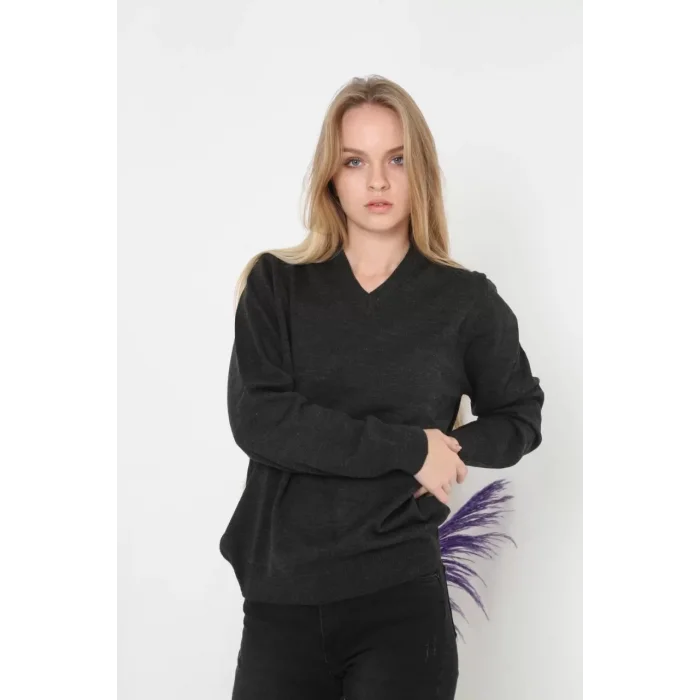 Arnay Unisex Uzun Kol V Yaka Triko Kazak - Füme