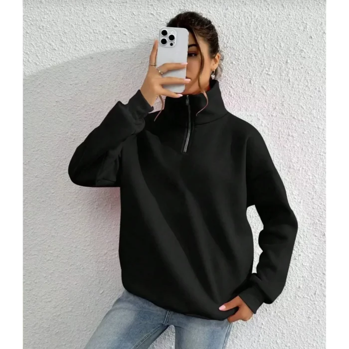 Arnay Unisex Uzun Kol Yarım Farmuarlı Yakalı Basic Sweatshirt - Siyah